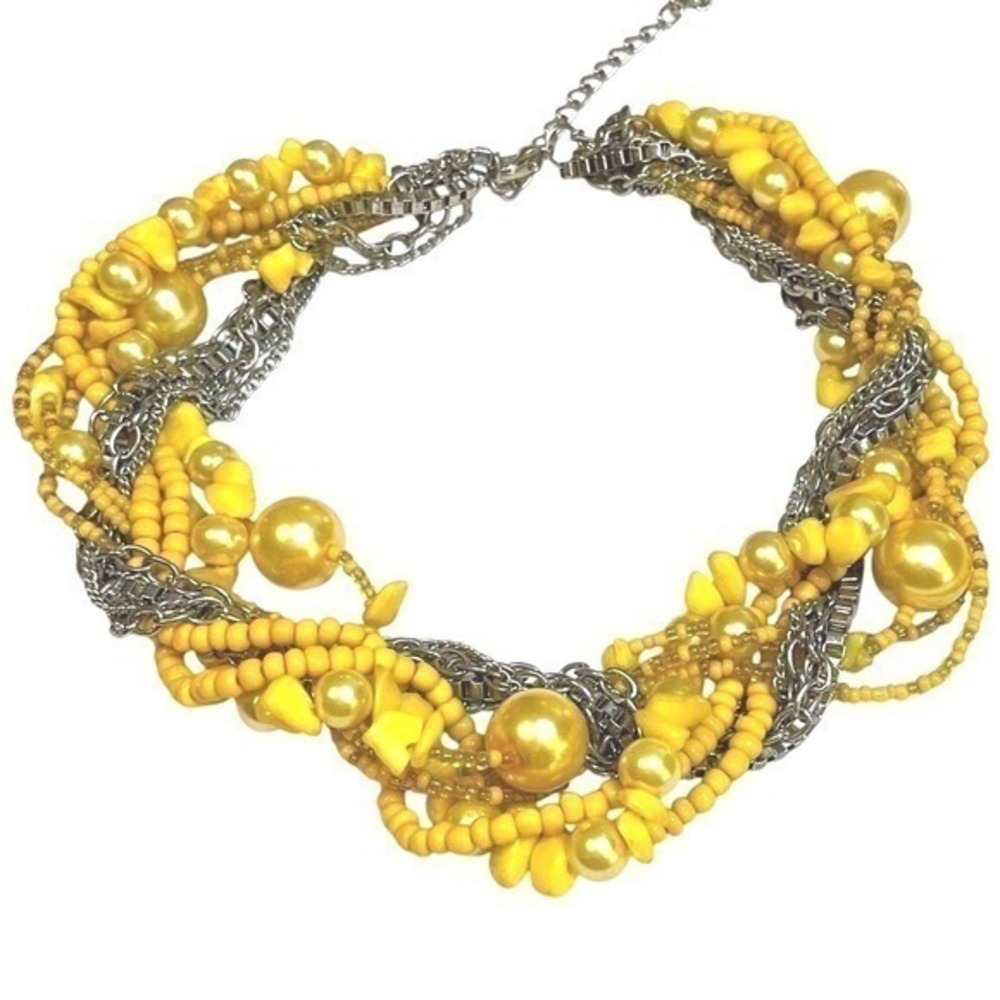 Vintage Yellow Multi Strand Beaded Necklace Bold Statement Jewelry Boho